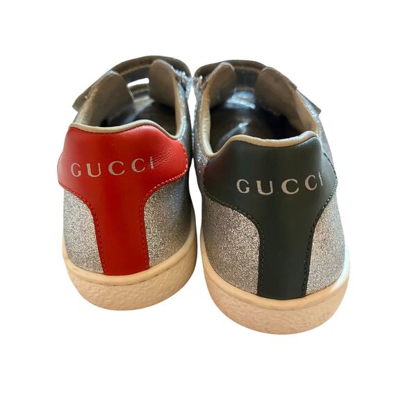 GUCCI Silver Sparkle Vecro Sneakers with Ribbon Logo EU 34 Unisex Kidcore Luxury - Picture 5 of 7